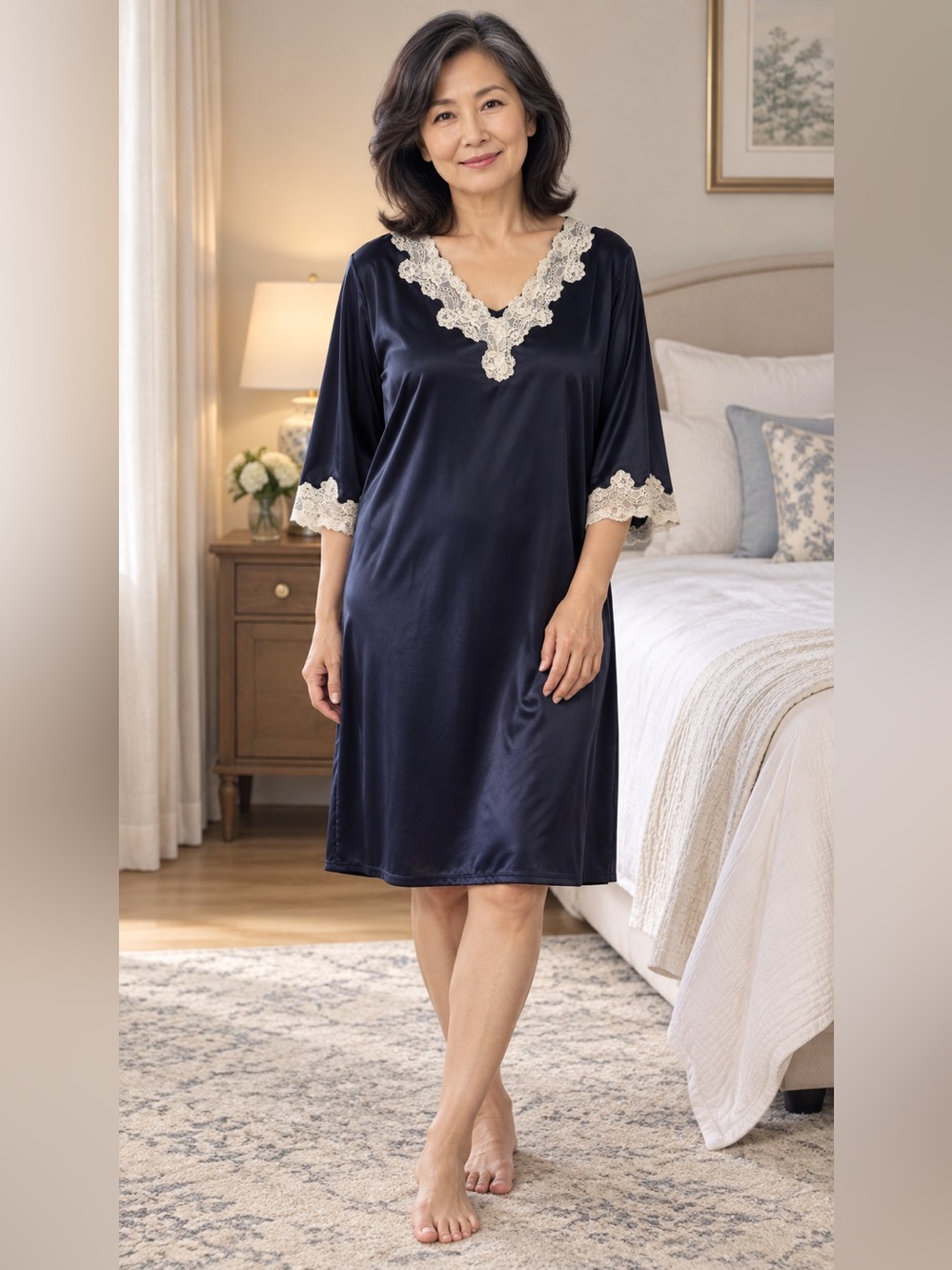 National Size M Navy Nightgown with Ivory Lace Trim NWT